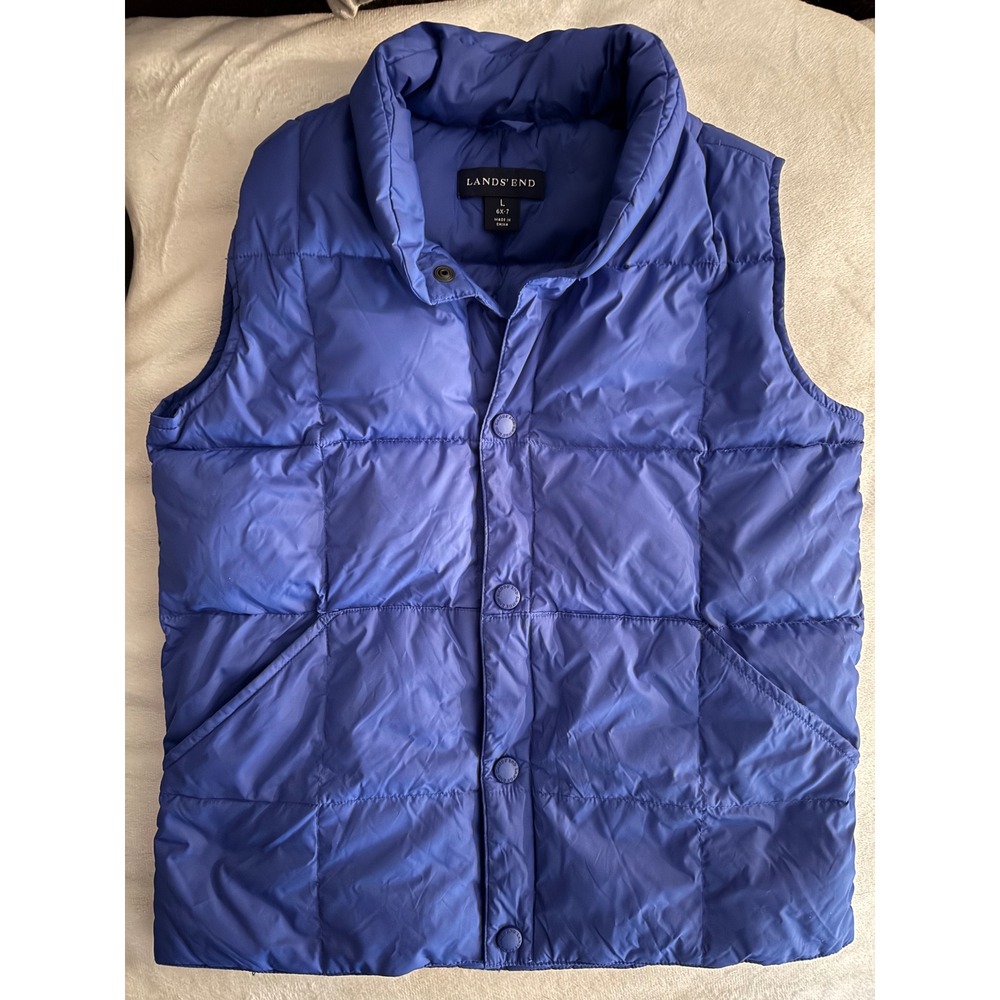 Lands End Kids Blue Down Puffer Vest Size L 6X-7 Quilted Snap Front Outerwear